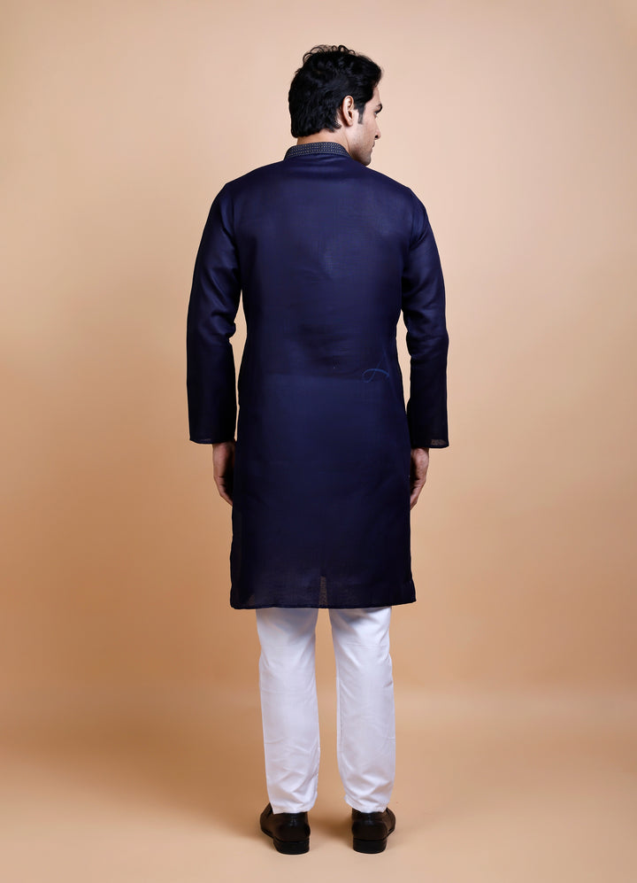 Navy Blue Cotton Neck Work Kurta Set