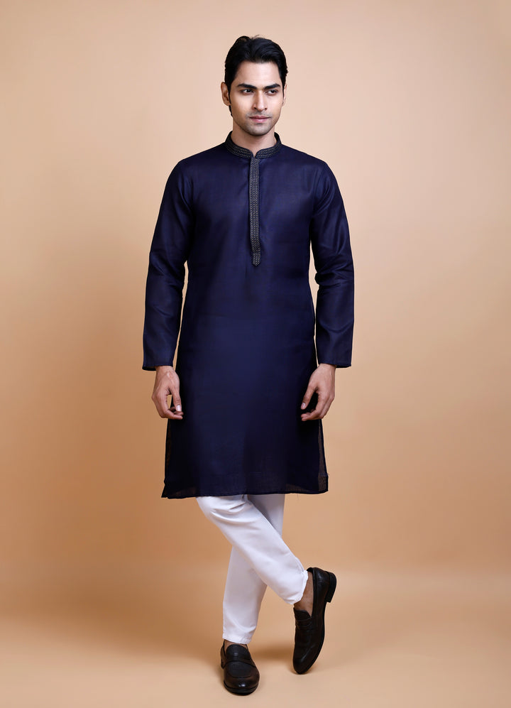 Navy Blue Cotton Neck Work Kurta Set