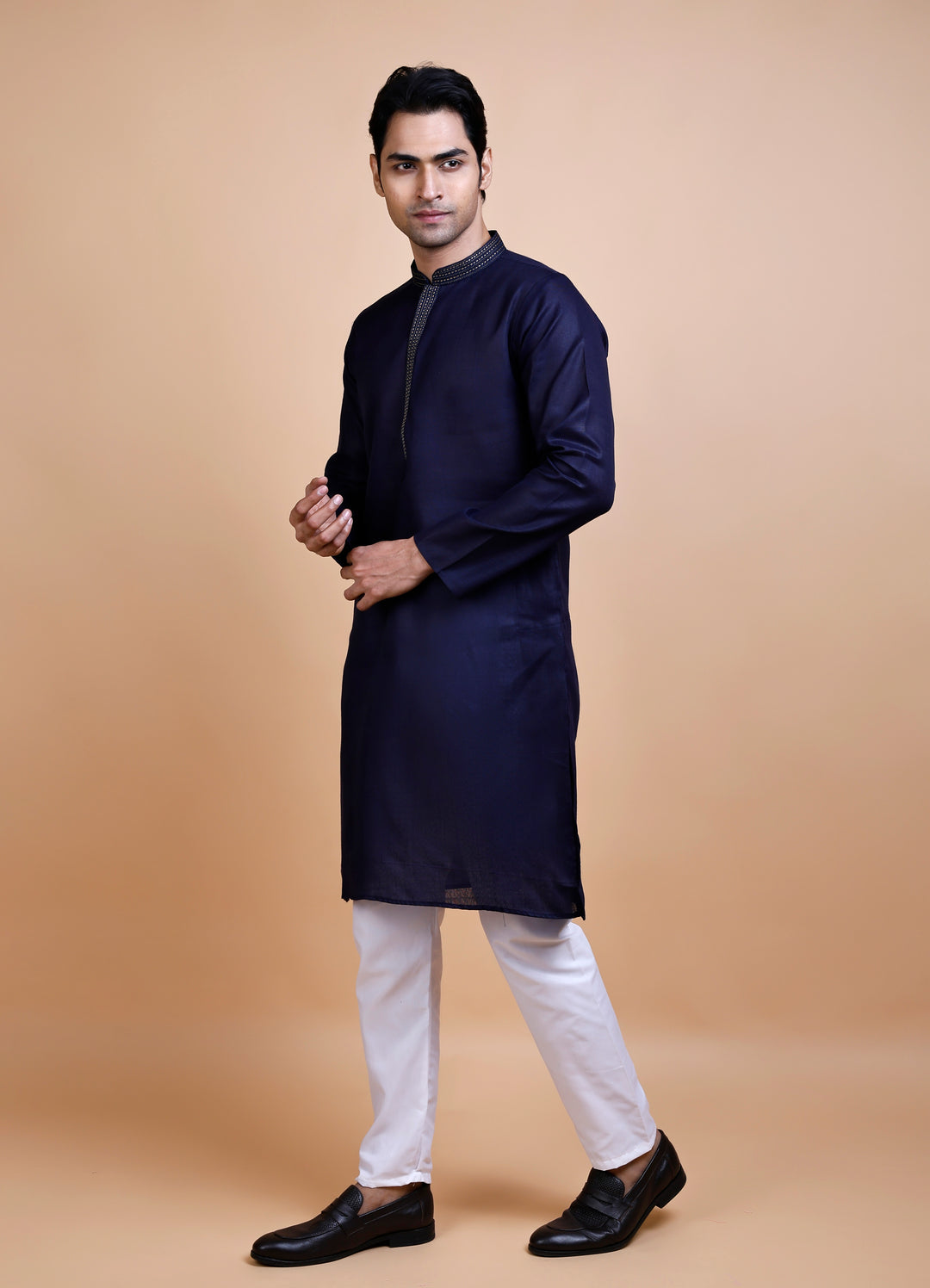 Navy Blue Cotton Neck Work Kurta Set