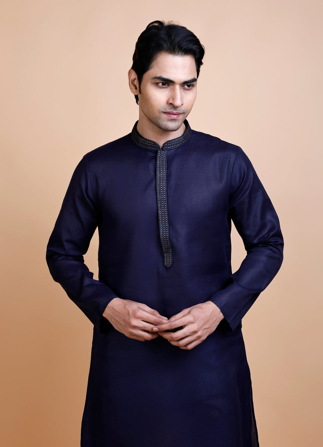 Navy Blue Cotton Neck Work Kurta Set