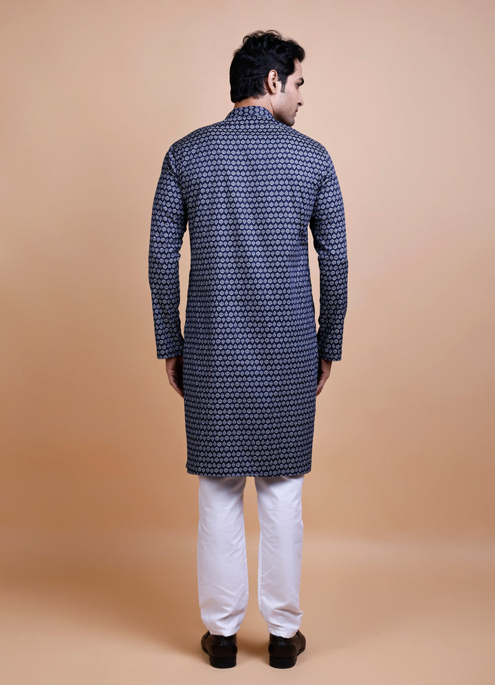 Navy Blue Cotton Printed Kurta Set