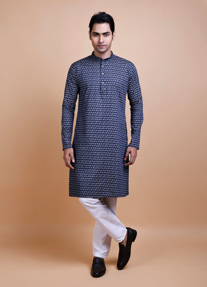 Navy Blue Cotton Printed Kurta Set