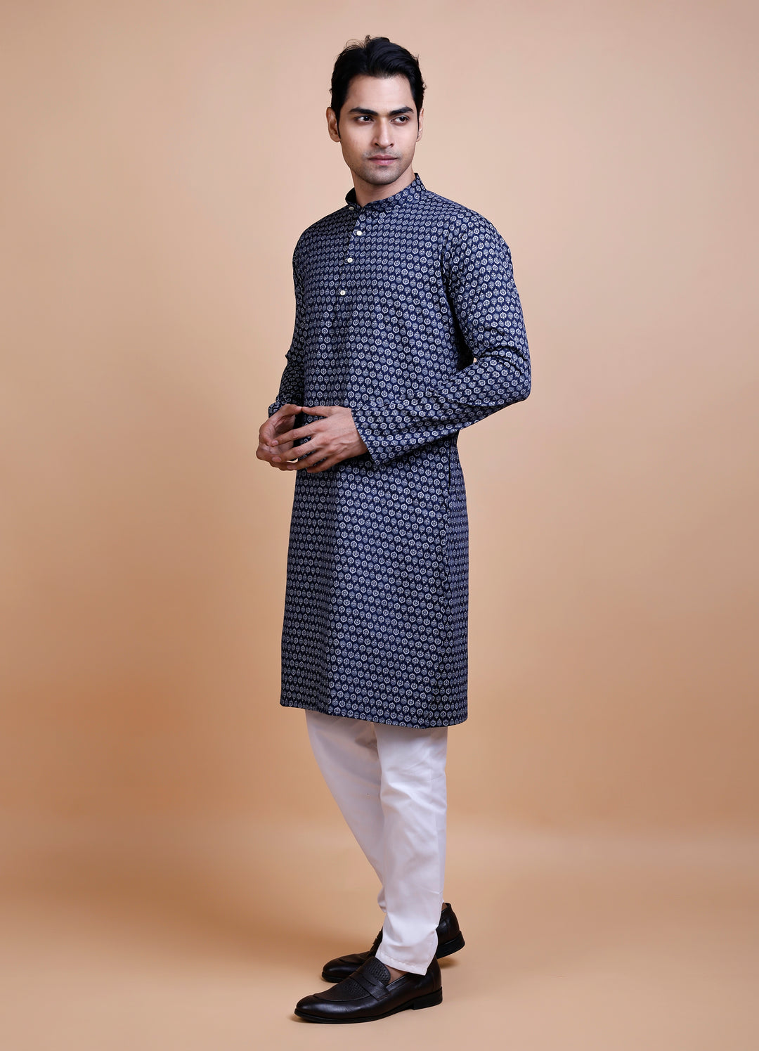 Navy Blue Cotton Printed Kurta Set