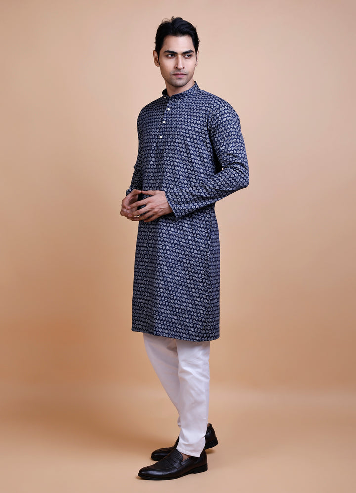 Navy Blue Cotton Printed Kurta Set