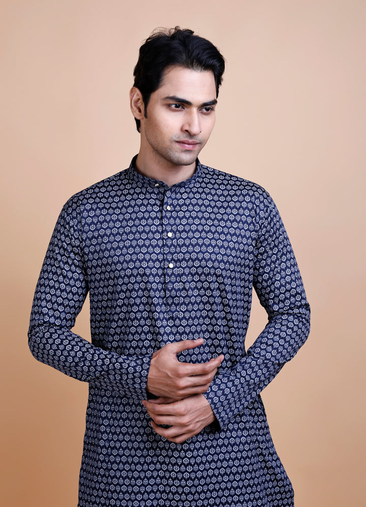 Navy Blue Cotton Printed Kurta Set