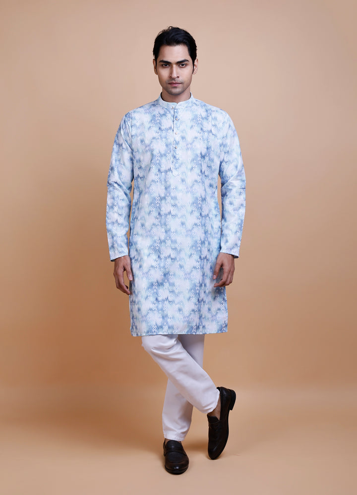 Sky Blue Cotton Printed Kurta Set