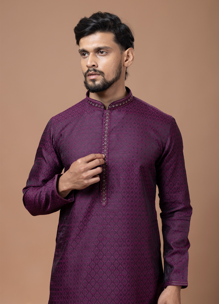 Purple Handwork Self Design Kurta Set