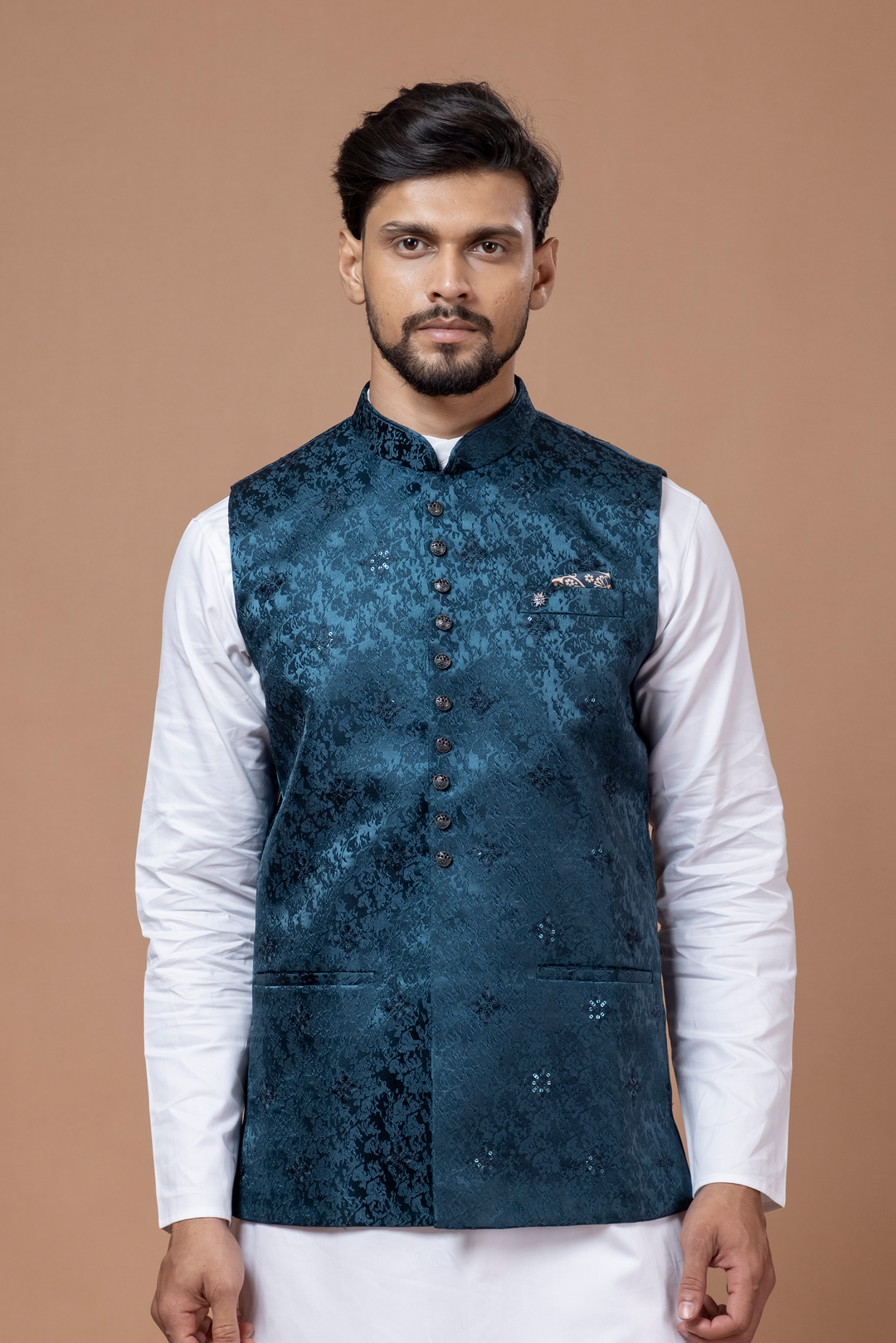 Peacock Blue Nehru Jacket For Men