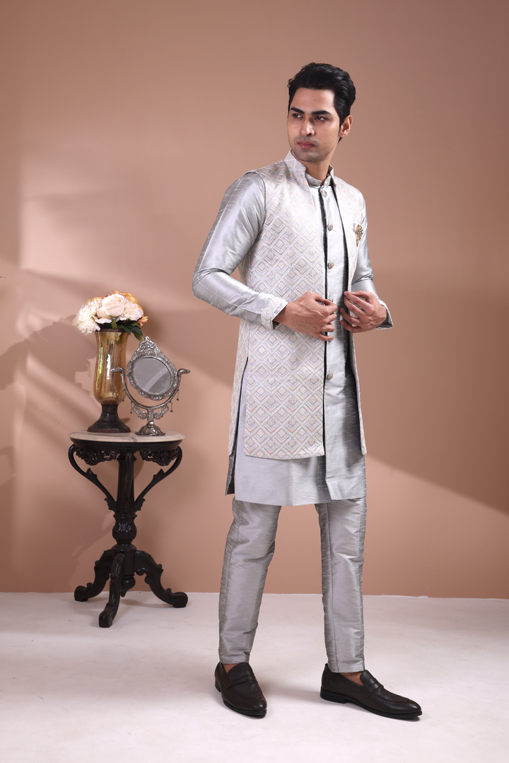 Grey Sequin Indo-Western Kurta Set For Men