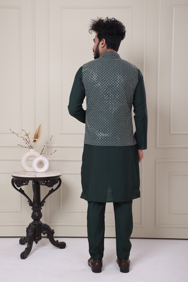 Green Kurta Jacket Set For Men