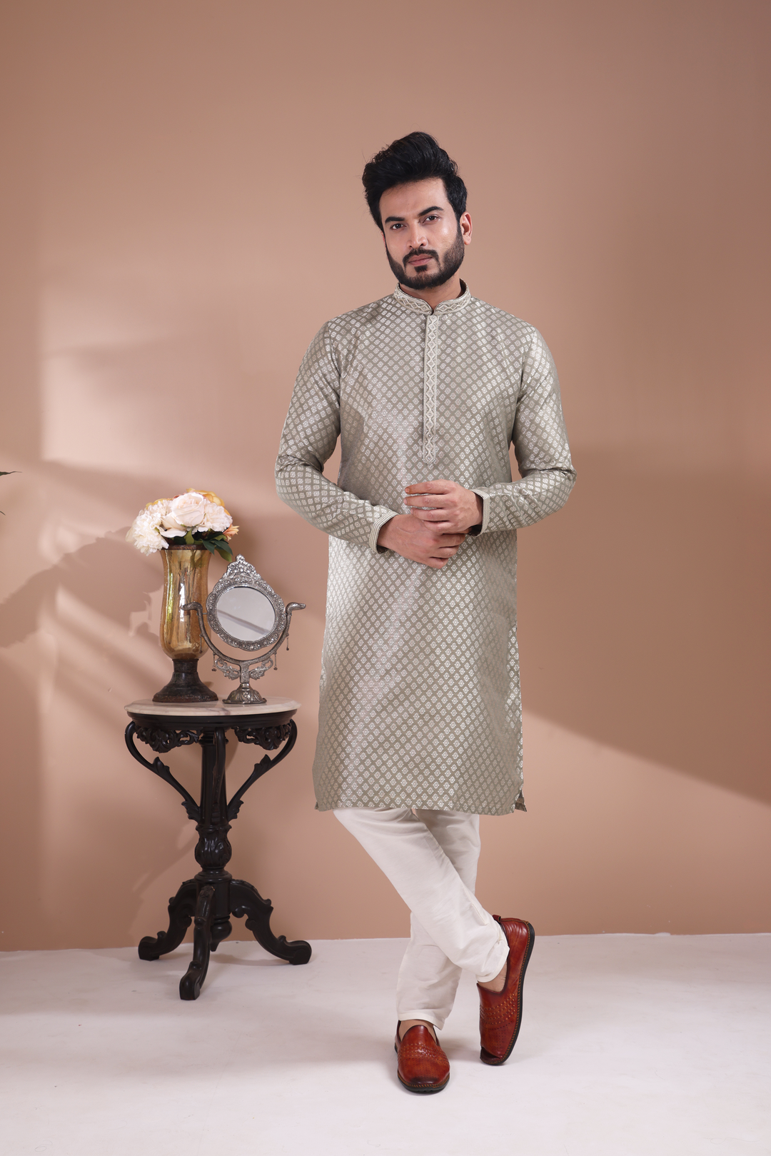 Green Handwork Self Design Kurta Set