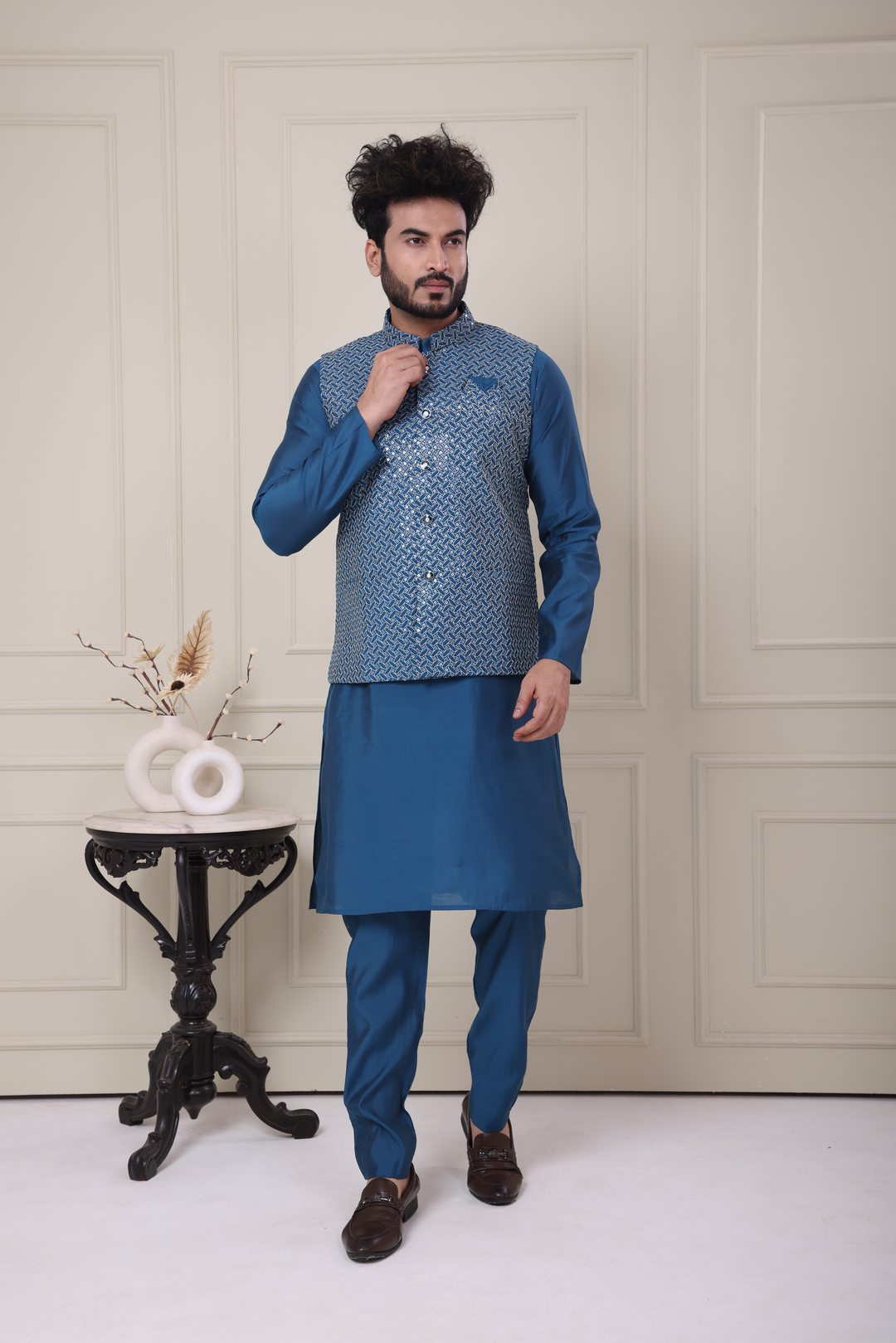 Blue Kurta Jacket Set For Men