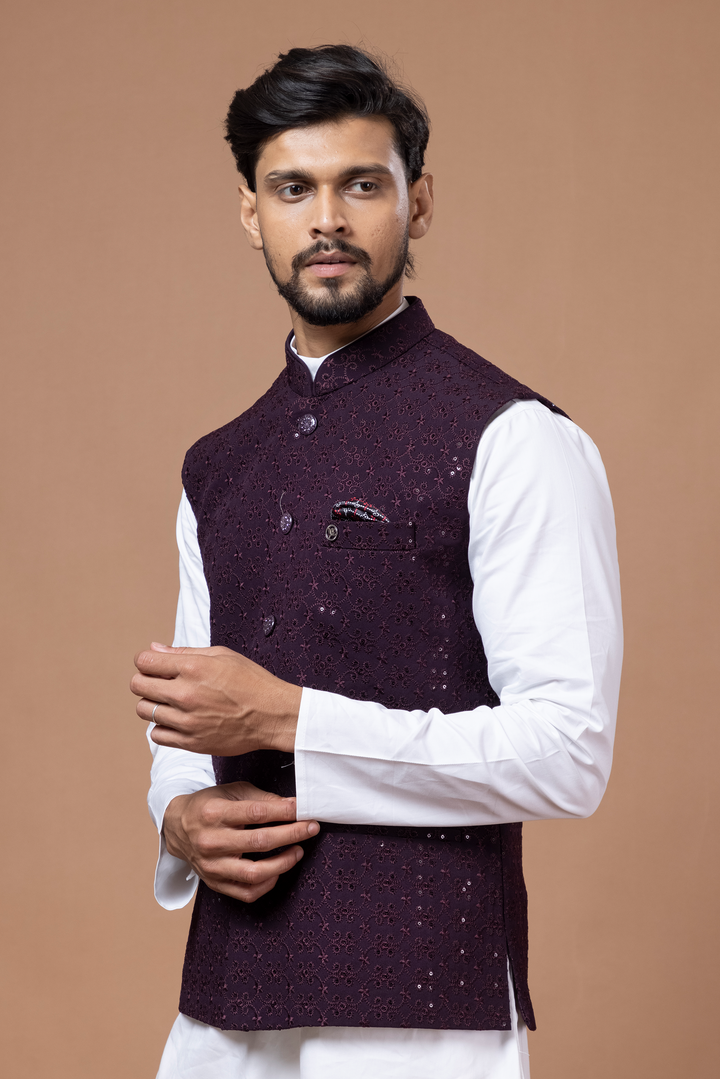 Wine Nehru Jacket For Men