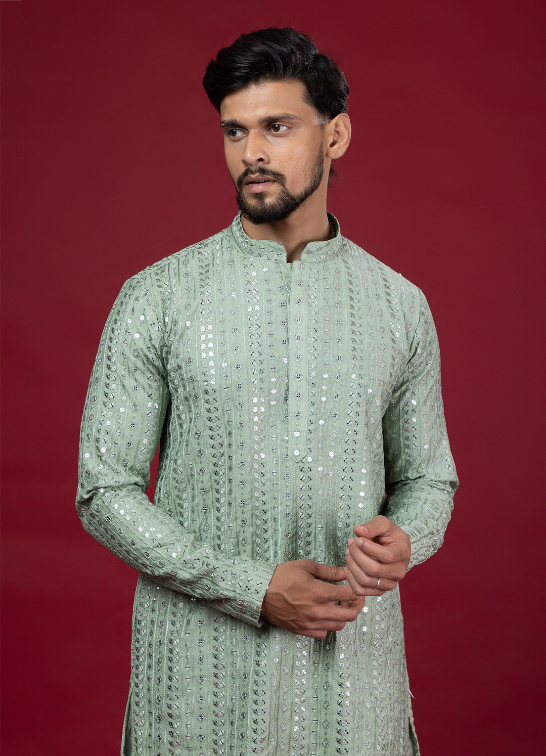 Sequin Mirror Look Green Kurta Set