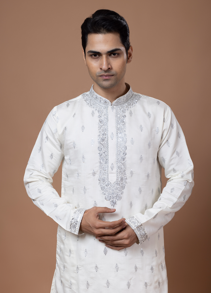 Silver Embroidery White Kurta Set