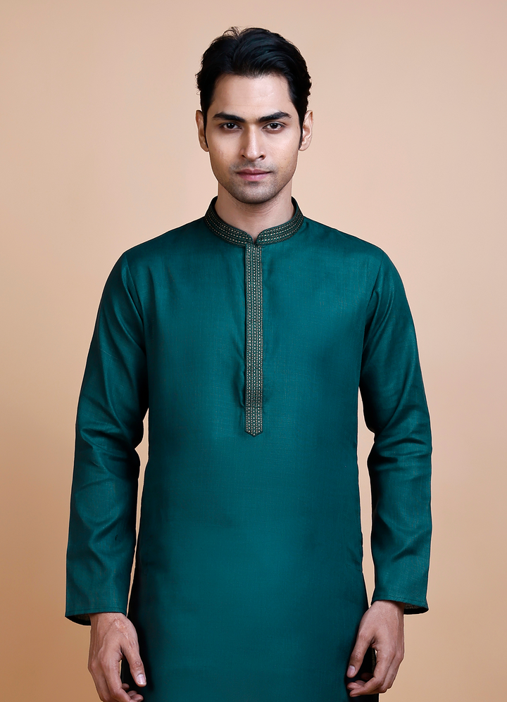 Teal Green Cotton Neck Work Kurta Set