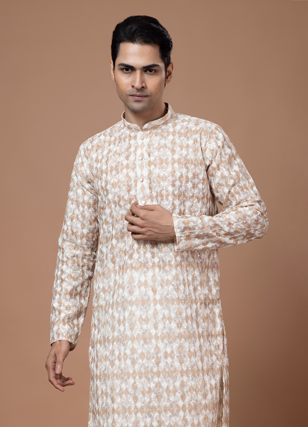 Chikankari Printed Beige Kurta Set