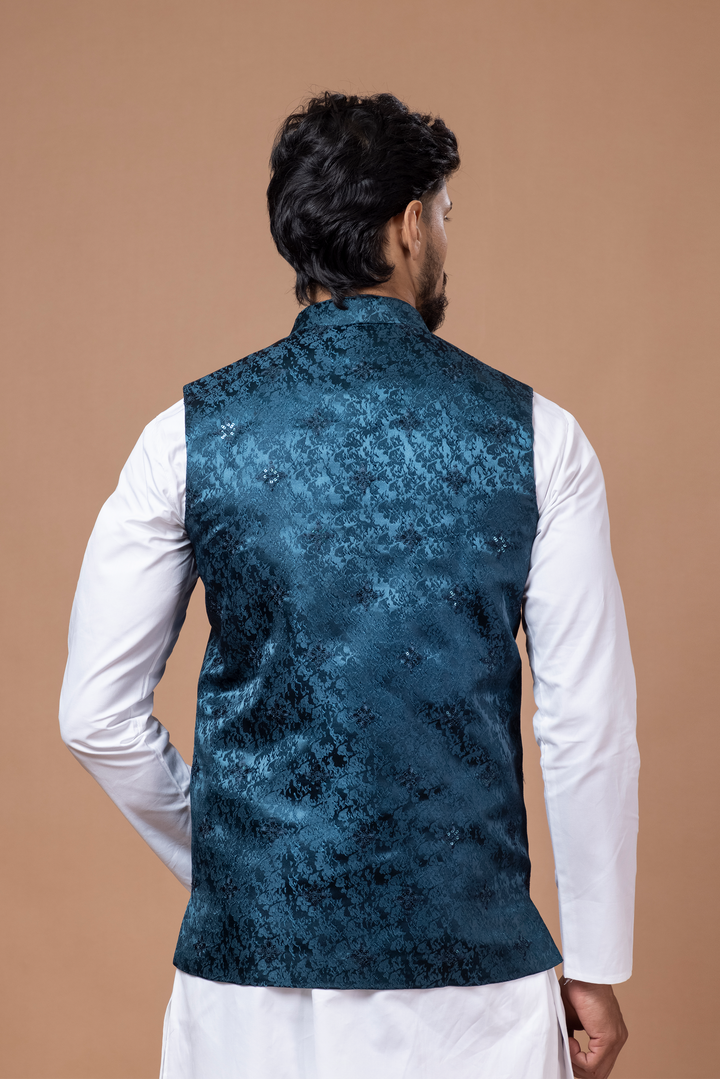 Peacock Blue Nehru Jacket For Men