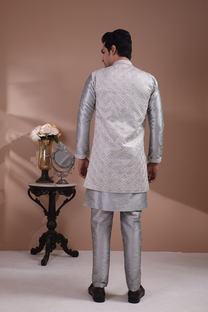 Grey Sequin Indo-Western Kurta Set For Men