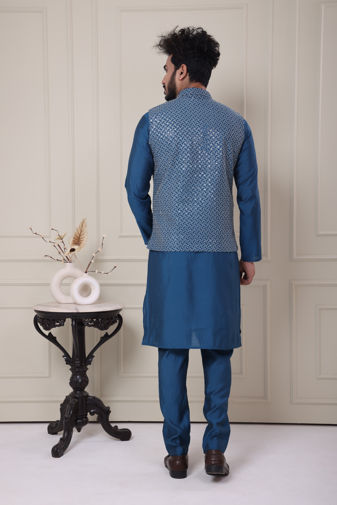 Blue Kurta Jacket Set For Men