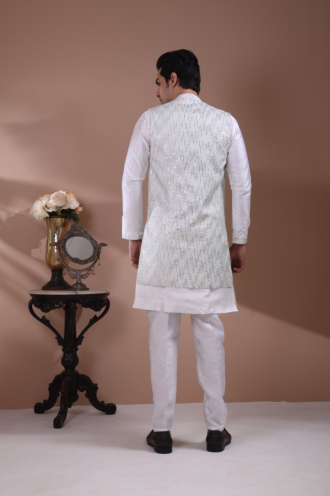 Blue Sequin Indo-Western Kurta Set For Men