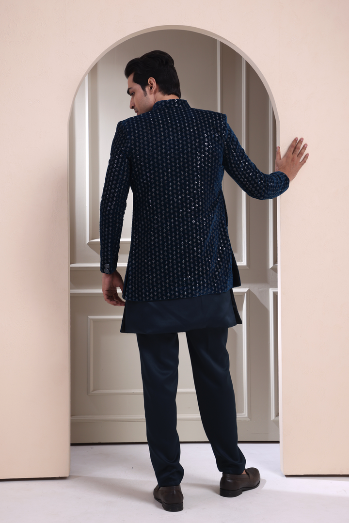 Peacock Blue Indo Western For Men