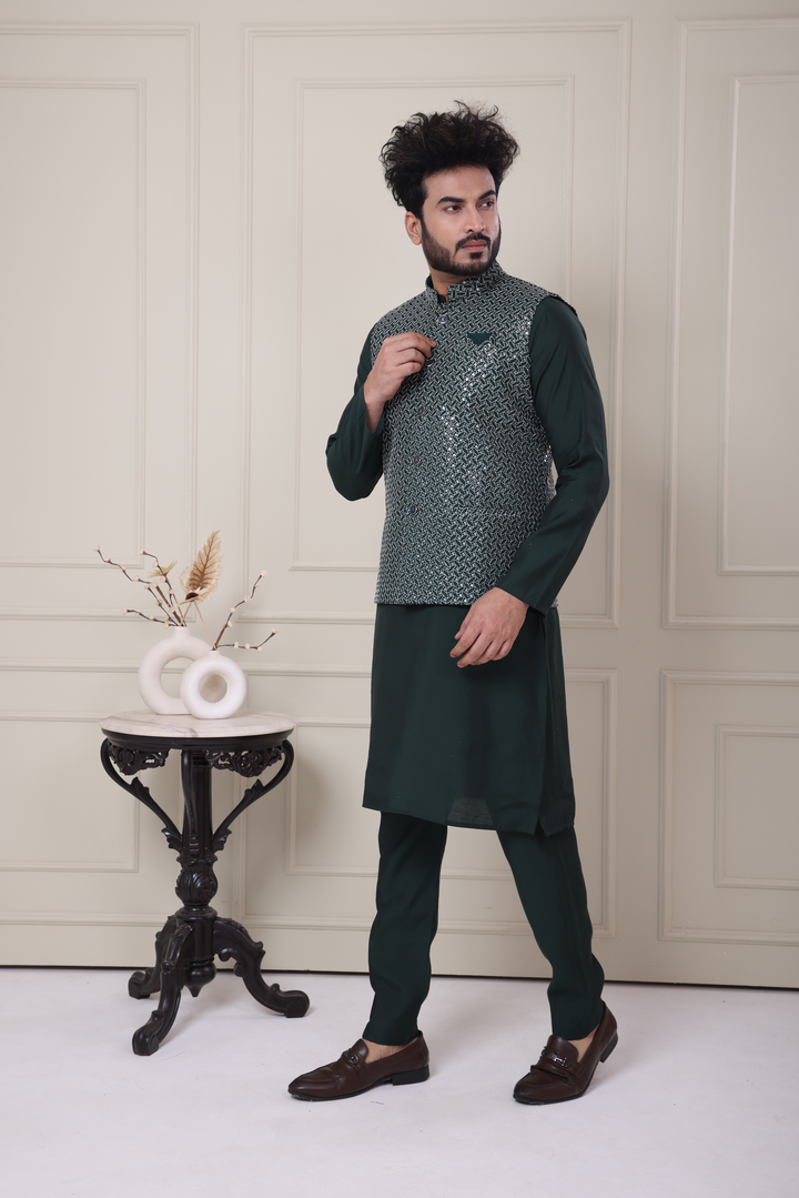 Green Kurta Jacket Set For Men