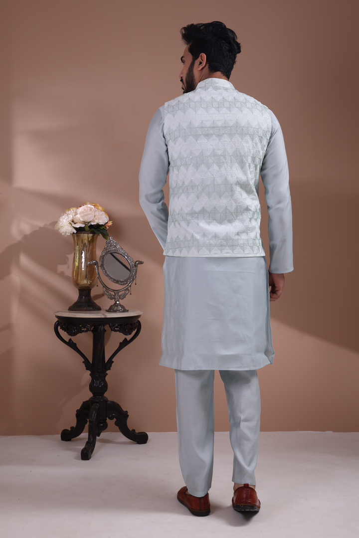 Grey Kurta Jacket Set For Men