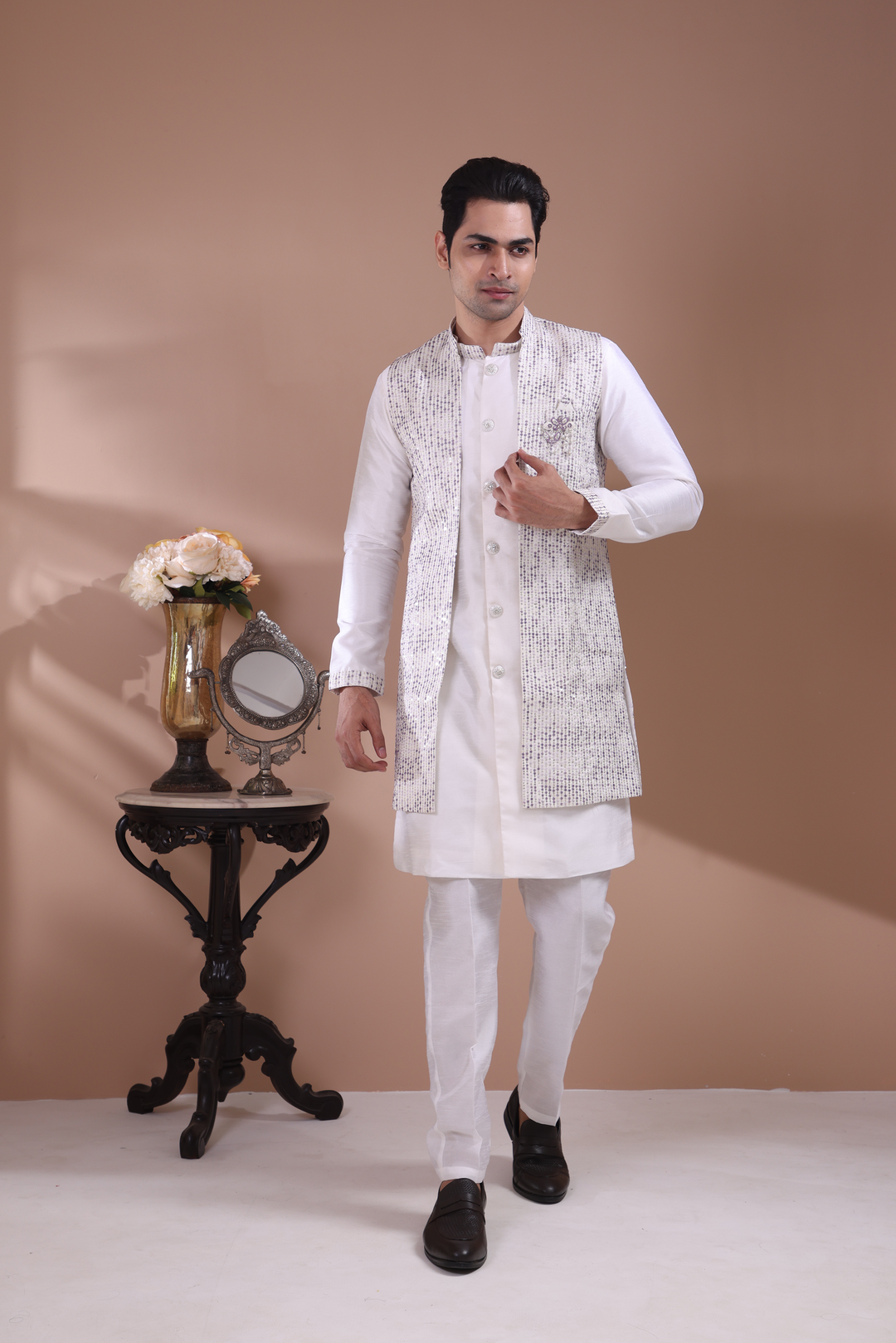 Lavender Sequin Indo-Western Kurta Set For Men