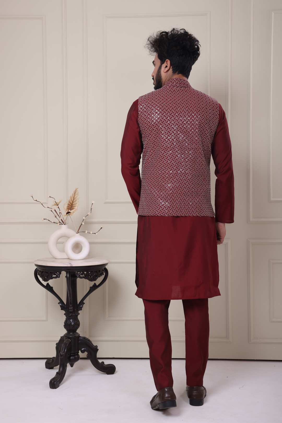 Maroon Kurta Jacket Set For Men