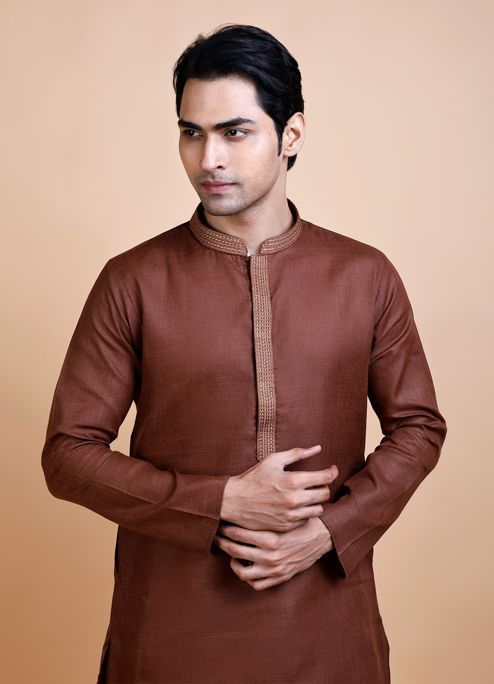 Brown Cotton Neck Work Kurta Set