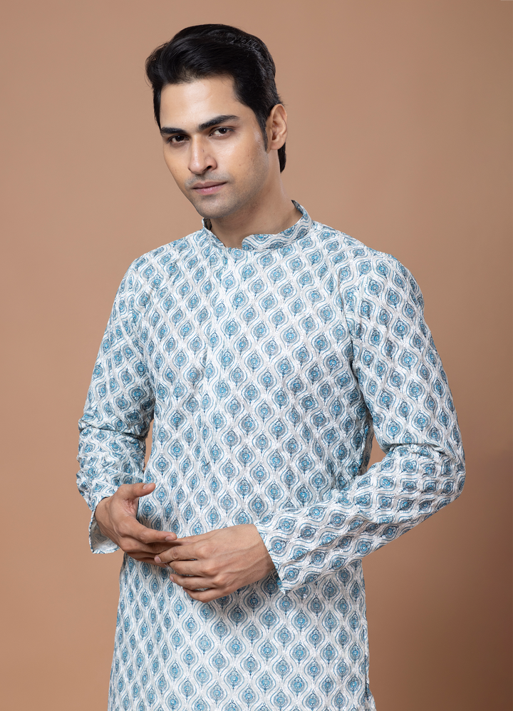 Chikankari Printed Blue Kurta Set