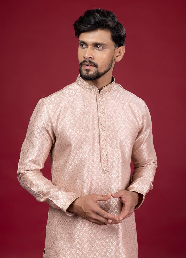 Peach Handwork Self Design Kurta Set