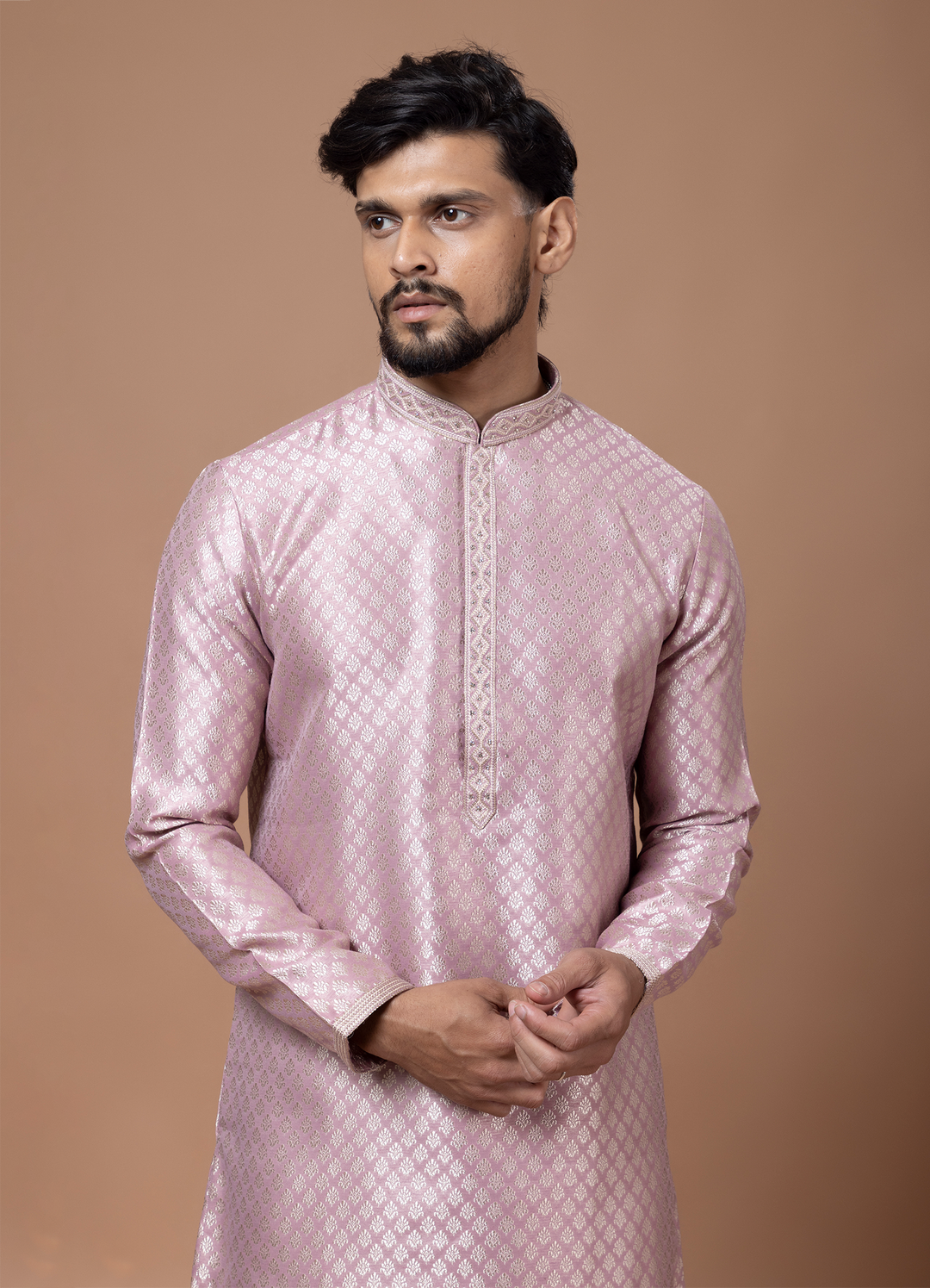 Pink Handwork Self Design Kurta Set