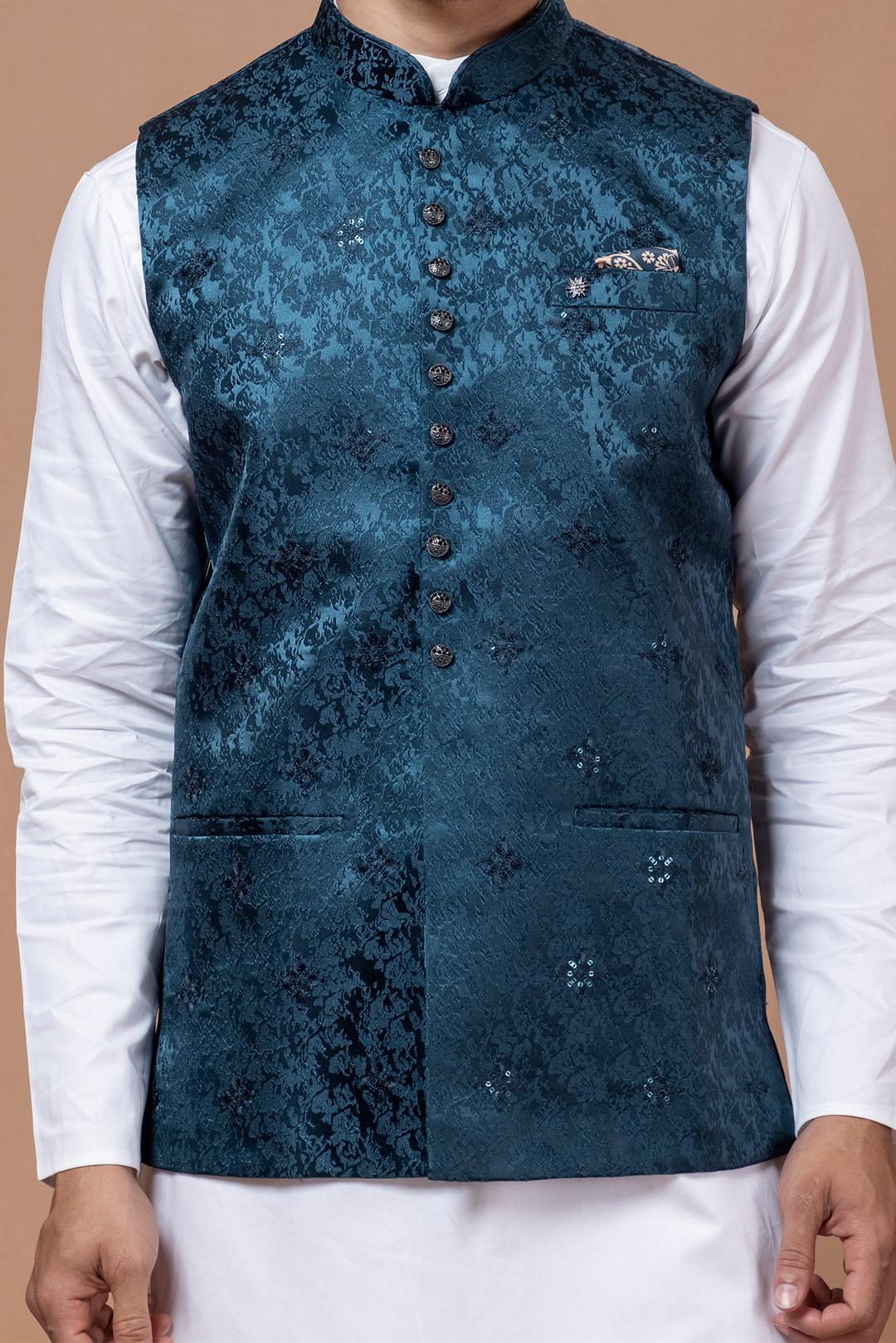 Peacock Blue Nehru Jacket For Men