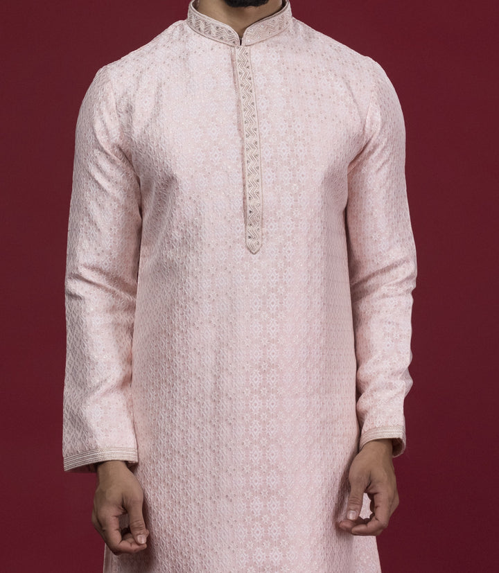 Peach Handwork Self Design Kurta Set