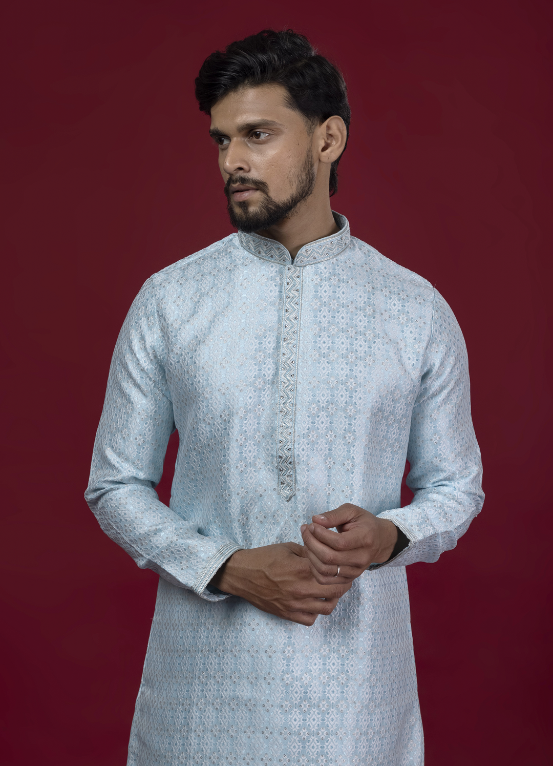 Blue Handwork Self Design Kurta Set