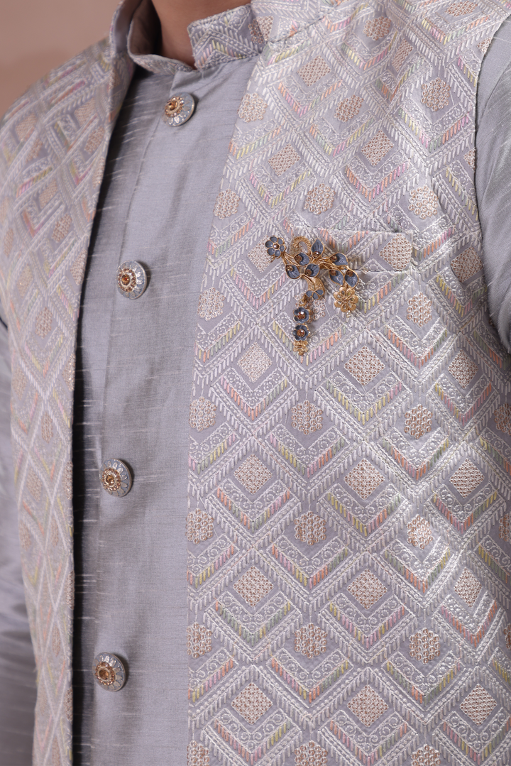 Grey Sequin Indo-Western Kurta Set For Men