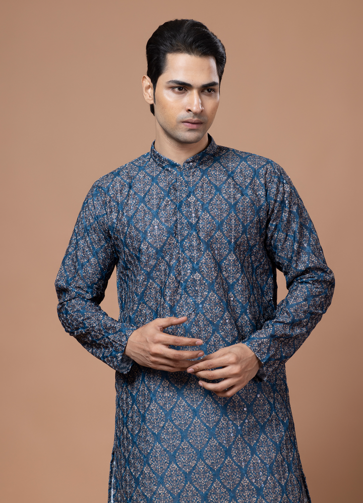 Chikankari Printed Peacock Blue Kurta Set