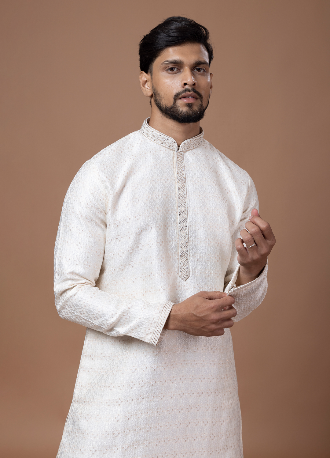 Cream Handwork Self Design Kurta Set