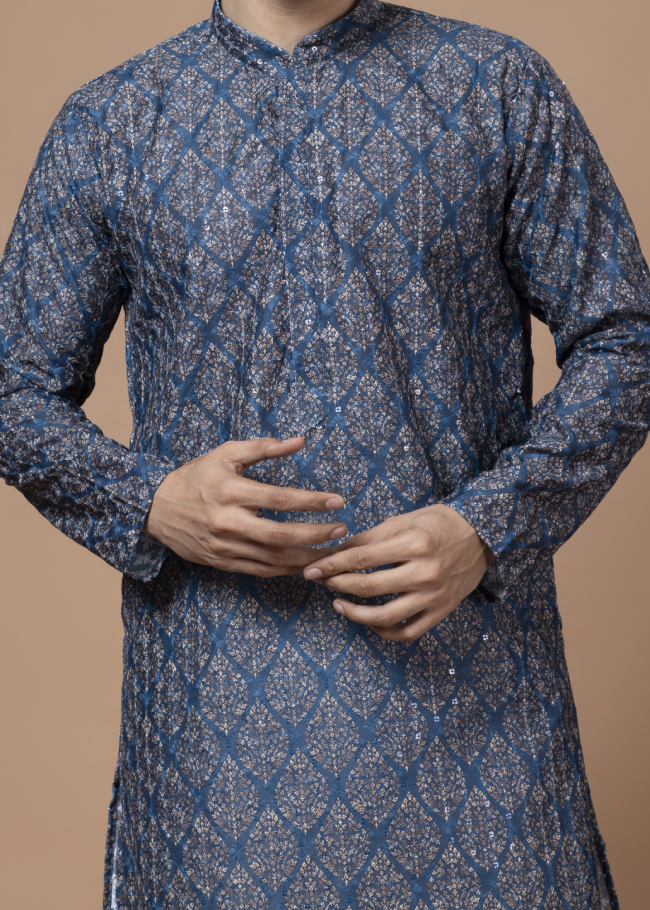 Chikankari Printed Peacock Blue Kurta Set