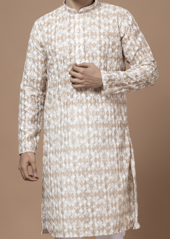 Chikankari Printed Beige Kurta Set