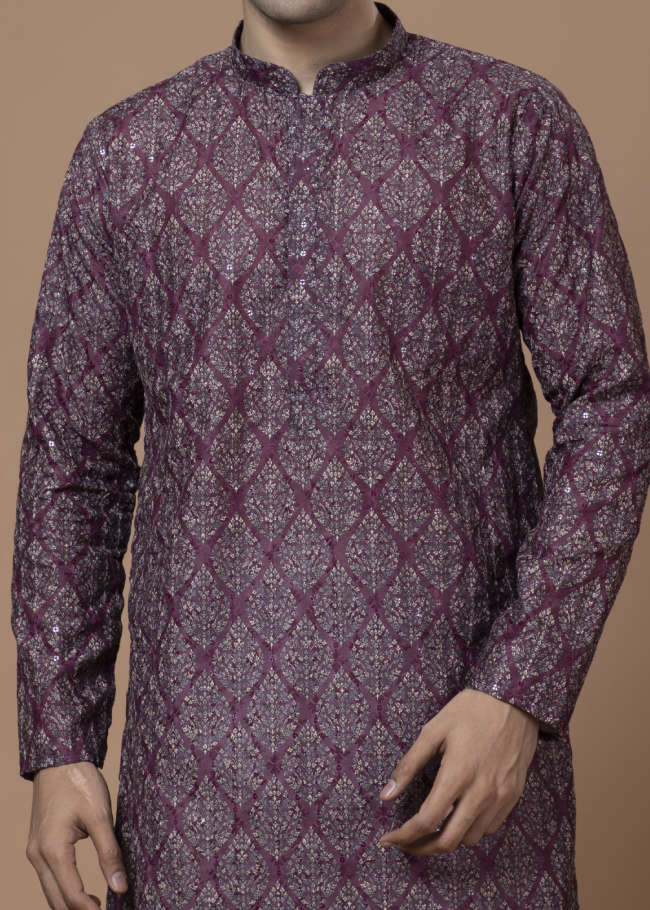 Chikankari Printed Wine Kurta Set