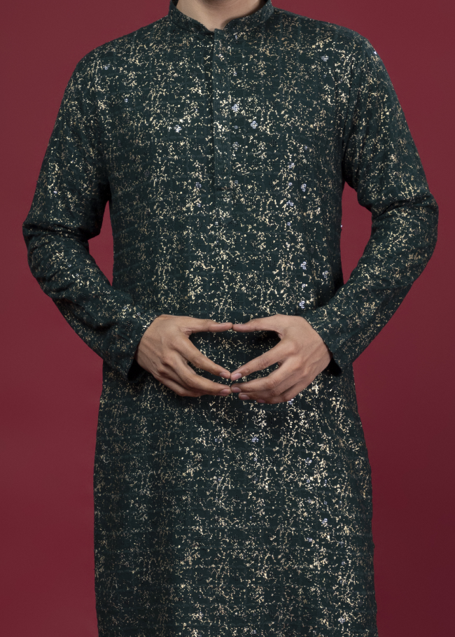 Dark Green Foil Print Kurta Set