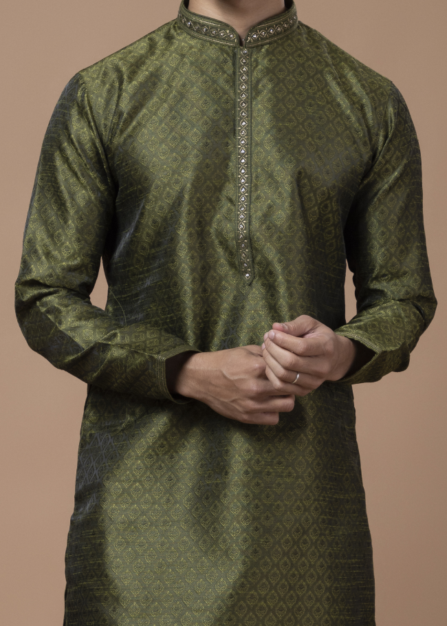 Green Handwork Self Design Kurta Set