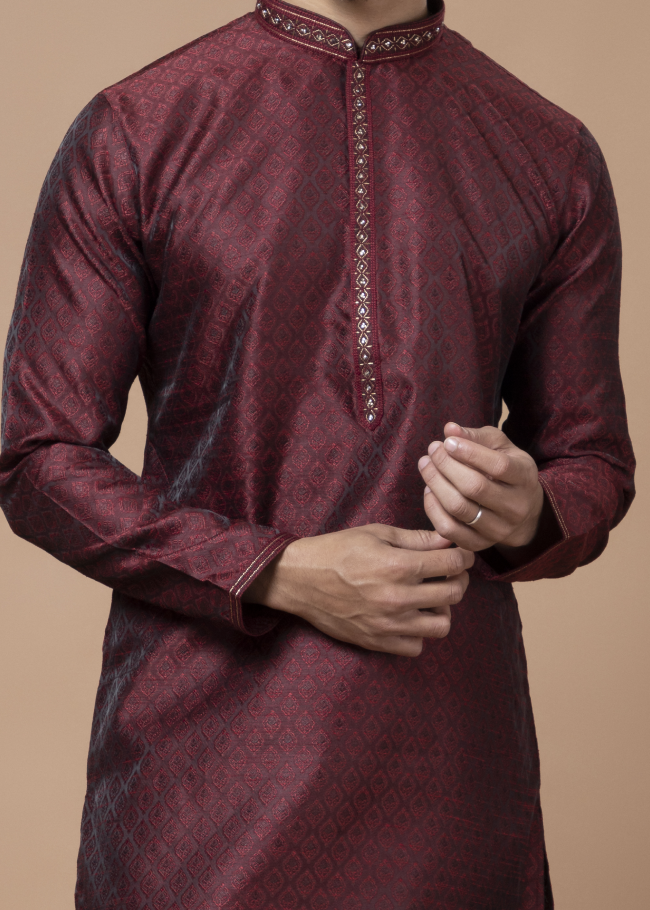 Maroon Handwork Self Design Kurta Set