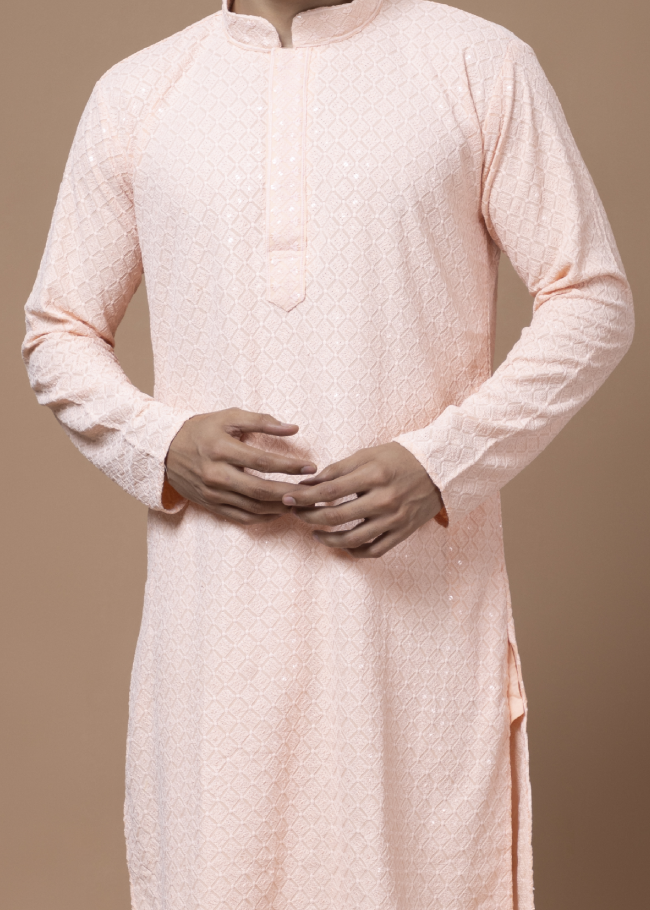 Peach Chikankari Kurta Set