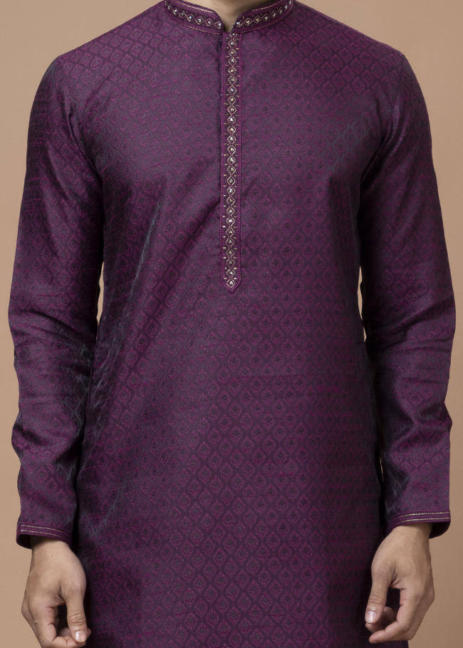 Purple Handwork Self Design Kurta Set