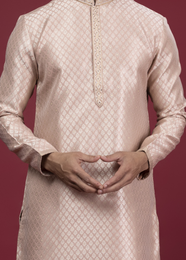 Peach Handwork Self Design Kurta Set