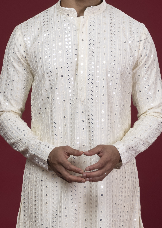 Sequin Mirror Look Cream Kurta Set